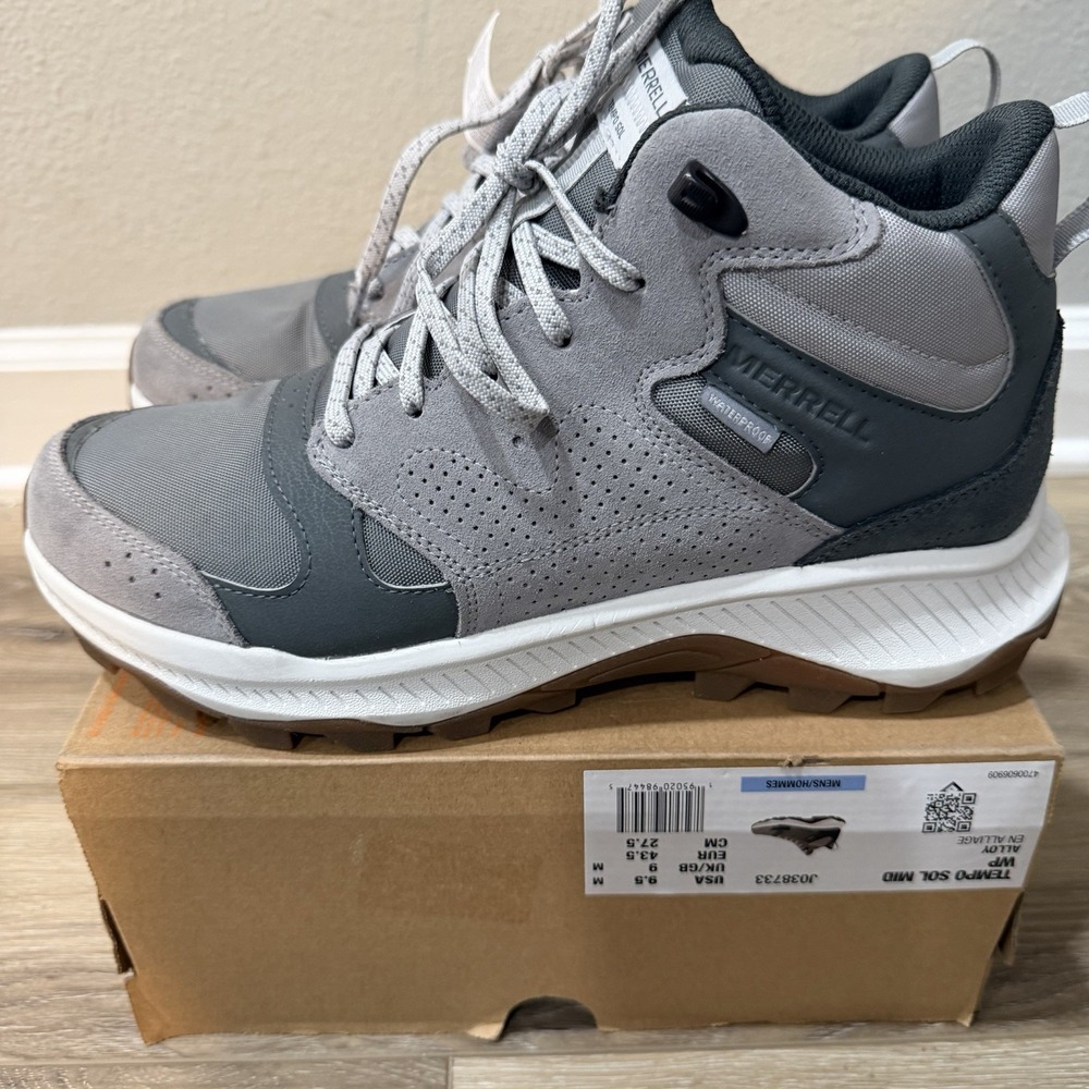 Merrell‎ Tempo Sol Mid Hiking Boots Waterproof Grey Suede Men 9.5